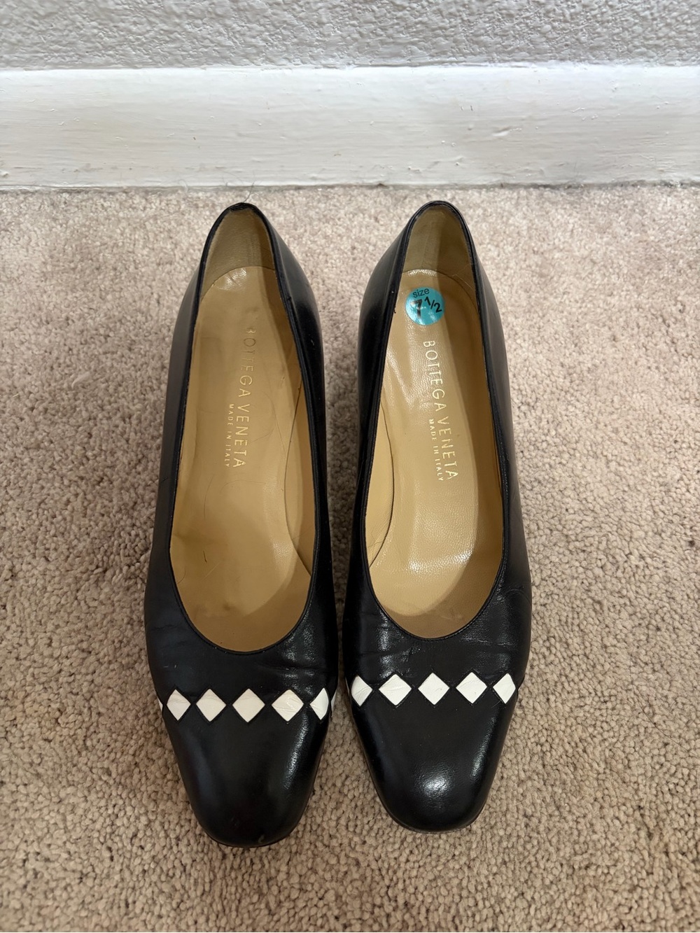 Bottega Veneta Black Leather Pumps with White Diamond Accents